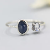 Blue sapphire ring with tiny oval faceted moonstone  with sterling silver oxidized hammer texture design band