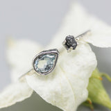 Teardrop blue topaz ring and natural rough diamond in silver bezel and prongs setting with sterling silver band - Metal Studio Jewelry