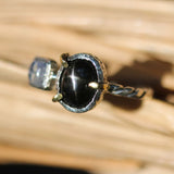 Black star diopside and square moonstone ring in silver bezel  and brass prongs setting with sterling silver twist design band - Metal Studio Jewelry
