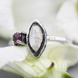 Marquise moonstone ring with pink tourmaline side set gems in bezel and prongs setting - Metal Studio Jewelry
