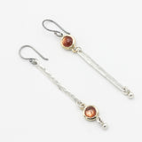 Round Sunstone earrings in brass bezel setting with silver bar hammer textured on sterling silver hooks style - Metal Studio Jewelry