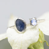 Blue sapphire ring with tiny oval faceted moonstone  with sterling silver oxidized hammer texture design band