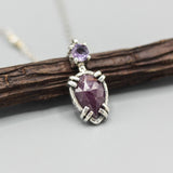Teardrop red Ruby necklace and tiny round amethyst in silver bezel and prongs setting - Metal Studio Jewelry