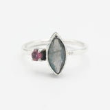 Marquise labradorite ring with tiny pink tourmaline on the side with sterling silver oxidized texture band - Metal Studio Jewelry