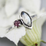 Marquise moonstone ring with pink tourmaline side set gems in bezel and prongs setting - Metal Studio Jewelry
