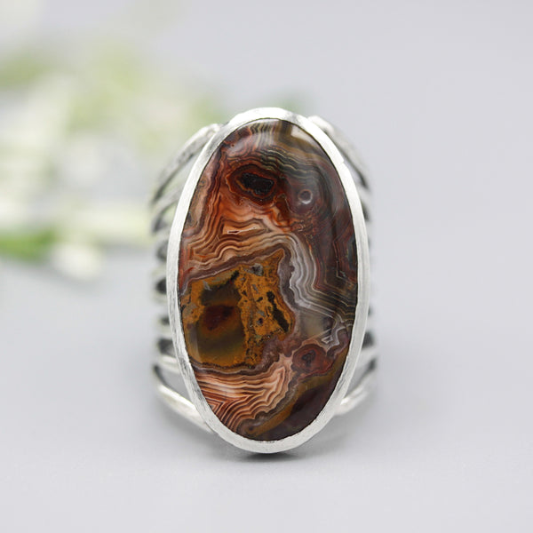 Oval orange/brown Lace agate ring in silver bezel setting with sterling silver skeleton multi wrap band - Metal Studio Jewelry