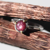 Oval natural red star ruby ring  in silver bezel and brass prongs setting with sterling silver band - Metal Studio Jewelry