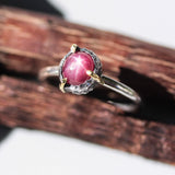 Oval natural red star ruby ring  in silver bezel and brass prongs setting with sterling silver band - Metal Studio Jewelry