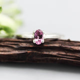 Oval Pink tourmaline ring in prongs setting with sterling silver scratch texture band - Metal Studio Jewelry