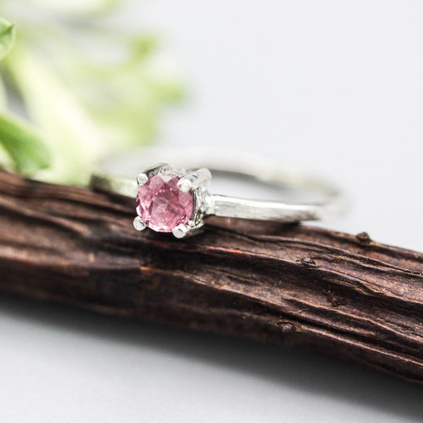 Round Pink tourmaline ring in prongs setting with sterling silver scratch texture band - Metal Studio Jewelry