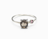 Faceted smokey quartz ring in silver prong setting with secondary garnet gemstone in 2mm silver round band - Metal Studio Jewelry