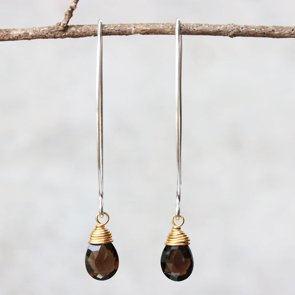 drop earring, dangle earrings, gemstone earring, smoky quartz earring, silver earring, boho earring, simple earring, long earring - Metal Studio Jewelry
