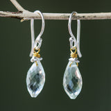 Earrings Teardrop faceted green amethyst with gold plated on silver wire wrapped on sterling silver hooks style - Metal Studio Jewelry