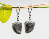 Earrings gray sapphire in silver bezel setting with silver chain and hooks style on the top - Metal Studio Jewelry