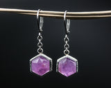Earrings hexagon rose cut pink sapphire in bezel setting with silver chain and hooks style on the top - Metal Studio Jewelry