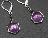 Earrings hexagon rose cut pink sapphire in bezel setting with silver chain and hooks style on the top - Metal Studio Jewelry