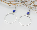 Oval lapis lazuli earrings in silver bezel setting with silver matte finished texture circle on hooks style - Metal Studio Jewelry