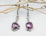 Pink hexagon faceted earrings in bezel and prongs setting with silver chain on oxidized sterling silver hooks