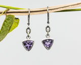 Trillion faceted amethyst earrings in silver bezel setting and sterling silver hooks - Metal Studio Jewelry