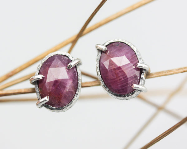 Oval rose cut pink sapphire stud earrings in bezel and prongs setting with sterling silver post and backing