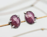 Oval rose cut pink sapphire stud earrings in bezel and prongs setting with sterling silver post and backing