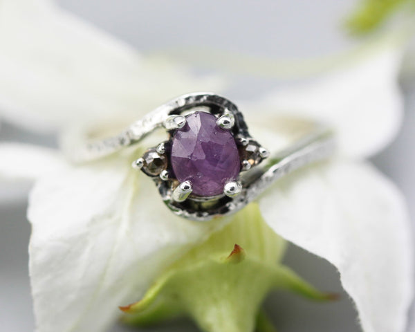 Rose cut pink sapphire ring in texture sterling silver band and twin side set champagne diamonds gemstone