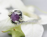 Rose cut pink sapphire ring in texture sterling silver band and twin side set champagne diamonds gemstone