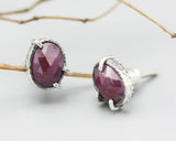 Oval rose cut pink sapphire stud earrings in bezel and prongs setting with sterling silver post and backing
