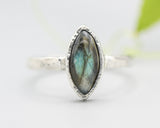 Cabochon Labradorite ring in bezel setting with sterling silver hammer texture band - Metal Studio Jewelry