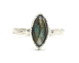 Cabochon Labradorite ring in bezel setting with sterling silver hammer texture band - Metal Studio Jewelry