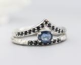 Set of 2 Oval faceted blue sapphire ring and tiny black spinel on silver band set with silver ring with tiny 15 black spinel