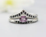Set of 2 Oval faceted pink tourmaline ring and tiny black spinel on silver band set with silver ring with tiny 15 black spinel