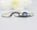 Set of 2 Oval faceted blue sapphire ring and tiny black spinel set with silver with hammer texture design band ring with tiny 7 black spinel