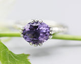 Purple Amethyst cocktail ring in prongs setting with sterling silver texture design band - Metal Studio Jewelry