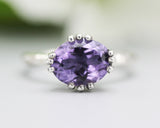 Purple Amethyst cocktail ring in prongs setting with sterling silver texture design band - Metal Studio Jewelry