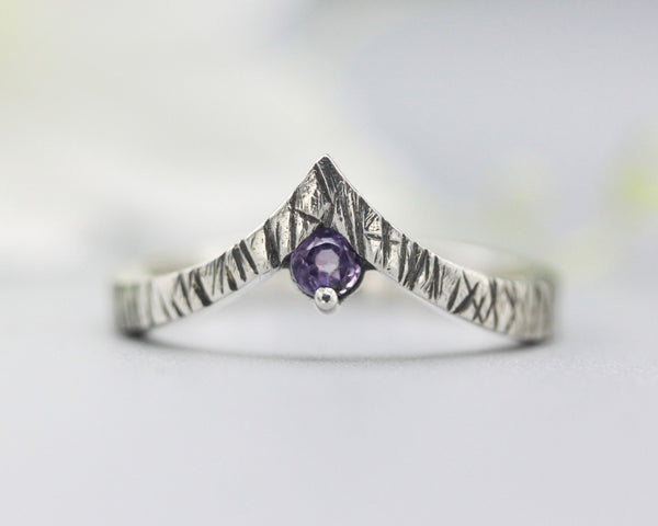 Amethyst ring sterling silver crown design with line texture band - Metal Studio Jewelry