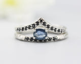 Set of 2 Oval faceted blue sapphire ring and tiny black spinel on silver band set with silver ring with tiny 15 black spinel
