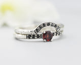 Set of 2 Round faceted garnet ring and tiny black spinel set with  silver with hammer texture design band ring with tiny 7 black spinel