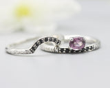 Set of 2 Oval pink tourmaline ring and tiny black spinel set with silver with hammer texture design band ring with tiny 7 black spinel