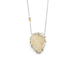 Yellow druzy pendant necklace in silver bezel and brass prongs setting with yellow sapphire beads on the side