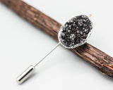 Black Druzy brooch in silver bezel setting with silver plated on brass pin