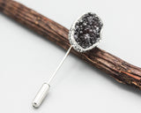 Black Druzy brooch in silver bezel setting with silver plated on brass pin