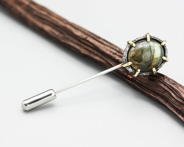 Oval labradorite brooch in silver bezel and brass prongs setting with silver plated on brass pin