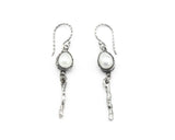 Teardrop white Freshwater Pearls earrings in bezel setting with silver stick on oxidized sterling silver hooks style