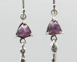 Triangle faceted pink sapphire earrings with silver stick on oxidized silver hooks style
