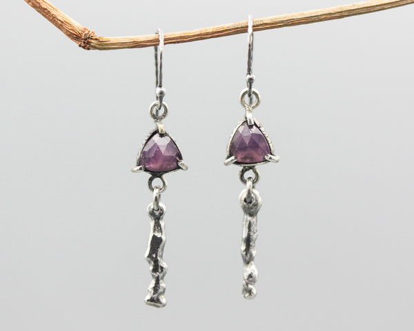 Triangle faceted pink sapphire earrings with silver stick on oxidized silver hooks style