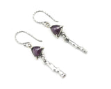 Triangle faceted pink sapphire earrings with silver stick on oxidized silver hooks style