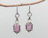 Hexagon pink sapphire earrings in silver bezel and prongs setting with sterling silver hooks
