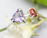 Trillion Amethyst ring and tiny sunstone in silver bezel and prongs setting with sterling silver texture band