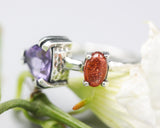 Trillion Amethyst ring and tiny sunstone in silver bezel and prongs setting with sterling silver texture band